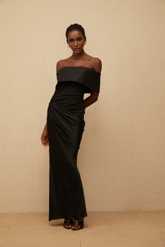 Malina Black Satin Maxi Dress with Folded-Over Neckline and Side Slit