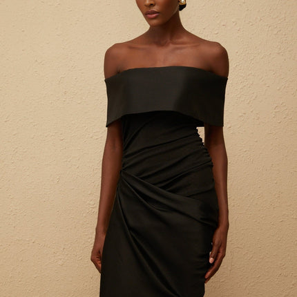 Malina Black Satin Off-The-Shoulder Maxi Dress with Side Slit and Zipper