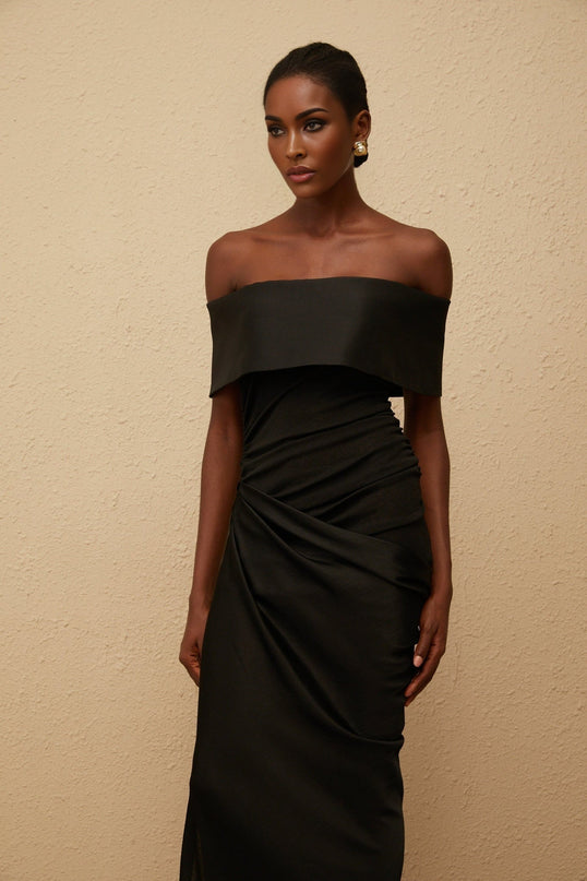 Malina Black Satin Off-The-Shoulder Maxi Dress with Side Slit and Zipper
