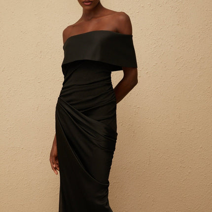 Malina Black Satin Off-the-Shoulder Maxi Dress with Side Slit and Fitted Waistline