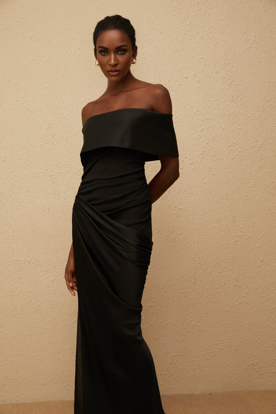 Malina Black Satin Off-the-Shoulder Maxi Dress with Side Slit and Fitted Waistline