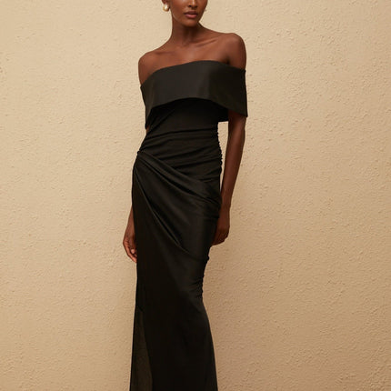 Malina Black Satin Off-The-Shoulder Maxi Dress with Side Slit and Fitted Waistline