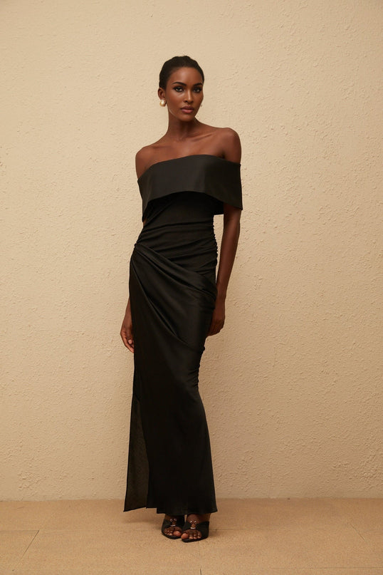 Malina Black Satin Off-The-Shoulder Maxi Dress with Side Slit and Fitted Waistline