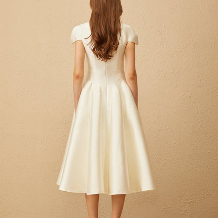 Malina Cream White Midi Dress V-neck Cap Sleeves Fitted Waistline Godet Design Rear Zip Fastening Sophisticated Midi Length Terylene Fiber Exquisite Craftsmanship