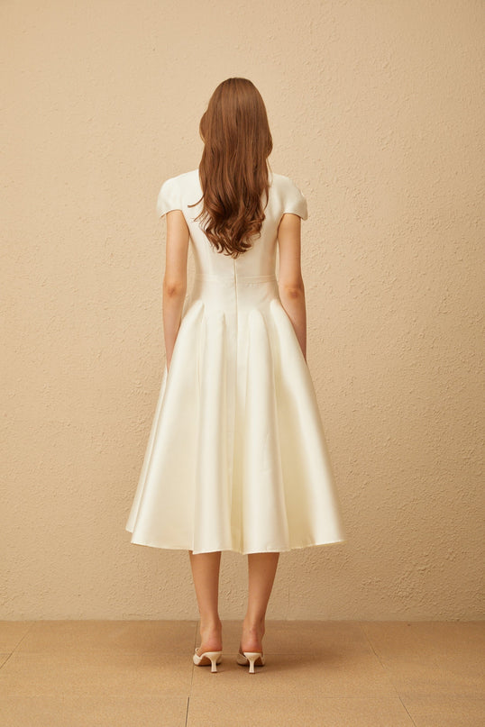 Malina Cream White Midi Dress V-neck Cap Sleeves Fitted Waistline Godet Design Rear Zip Fastening Sophisticated Midi Length Terylene Fiber Exquisite Craftsmanship