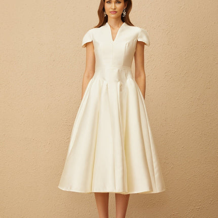 Malina Cream White Midi Dress V-neck Cap Sleeves Fitted Waistline Godet Design Rear Zip Fastening 100% Terylene Fiber