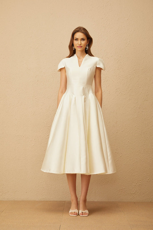 Malina Cream White Midi Dress V-neck Cap Sleeves Fitted Waistline Godet Design Rear Zip Fastening 100% Terylene Fiber