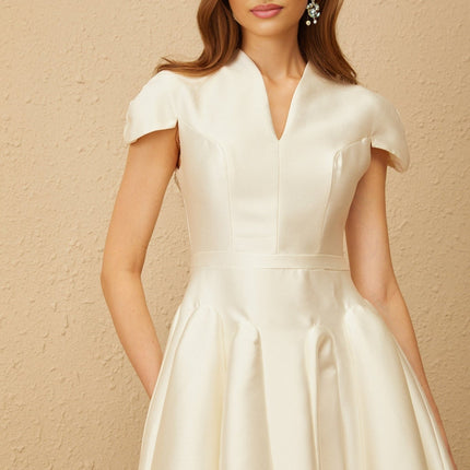 Malina Cream White V-Neck Cap Sleeve Midi Dress with Godet Design