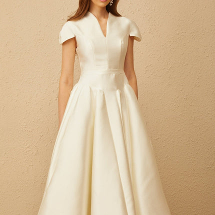 Malina Cream White V-Neck Cap Sleeve Midi Dress with Fitted Waistline and Godet Design