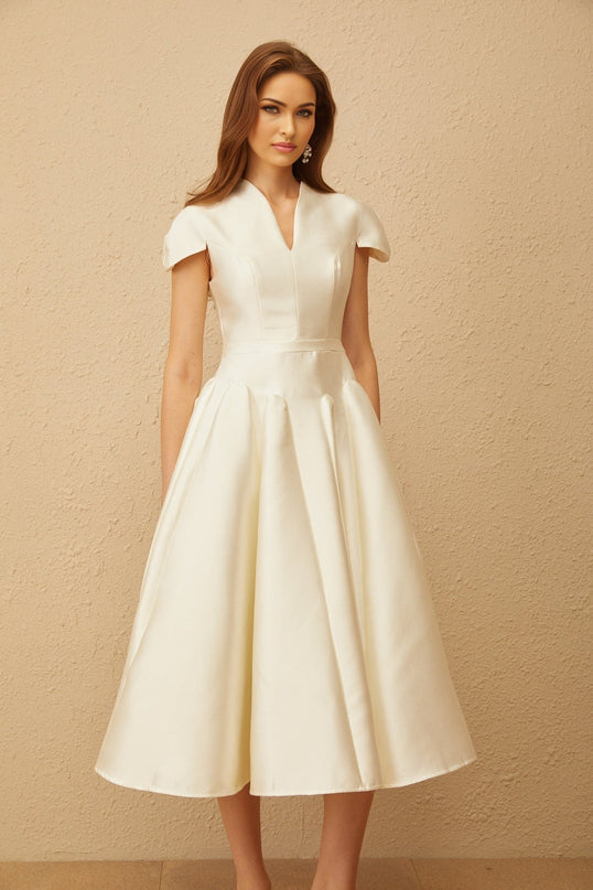 Malina Cream White V-Neck Cap Sleeve Midi Dress with Fitted Waistline and Godet Design