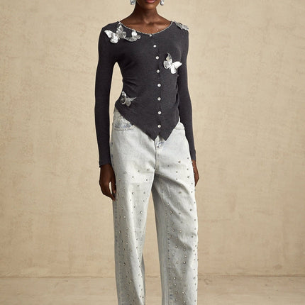 Malina Dark Grey Butterfly Cardigan with Sequin and Rhinestone Details