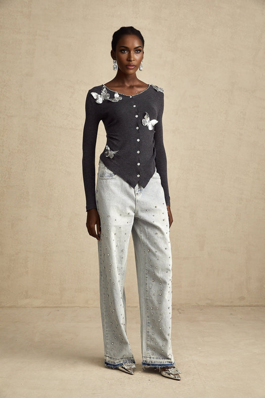 Malina Dark Grey Butterfly Cardigan with Sequin and Rhinestone Details