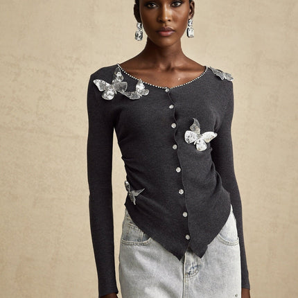 Malina Dark Grey Cardigan with Sequin and Rhinestone Details
