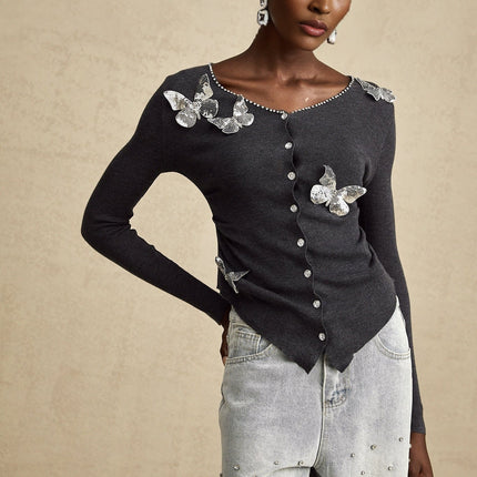 Malina Dark Grey Cardigan with Sequin and Rhinestone Details
