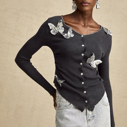 Malina Dark Grey Sequin Rhinestone Butterfly Cardigan