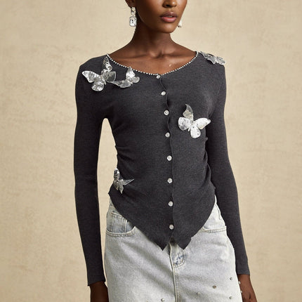 Malina Dark Grey Sequin Rhinestone Butterfly Cardigan