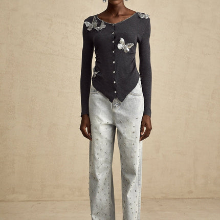 Malina Dark Grey Sequin Rhinestone Butterfly Cardigan