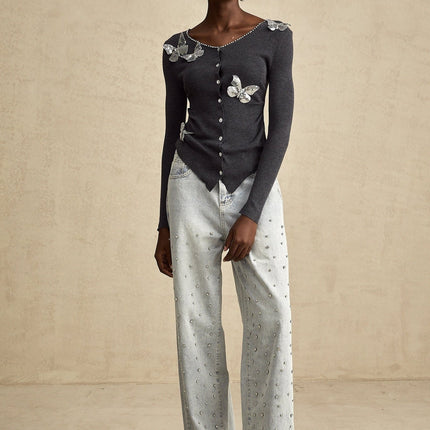 Malina Dark Grey Sequin Rhinestone Butterfly Cardigan