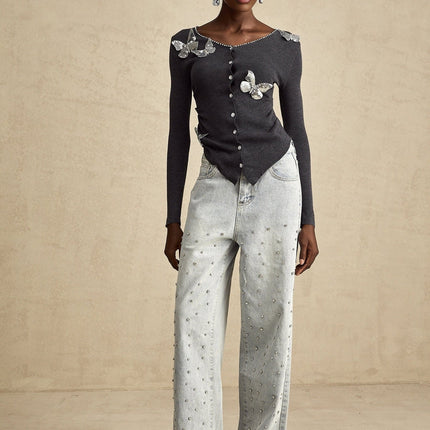 Malina Dark Grey Sequin Rhinestone Butterfly Cardigan