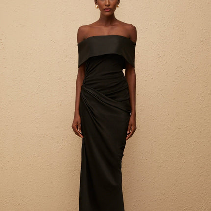Malina Black Satin Off-The-Shoulder Maxi Dress with Symmetrical Folded-Over Neckline, Fitted Waistline, Gathered Detailing, Side Slit, and Concealed Side Zip