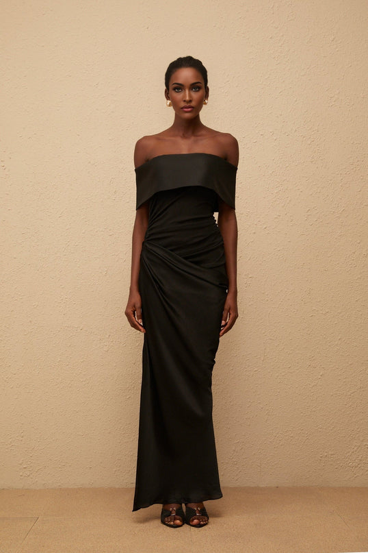 Malina Black Satin Off-The-Shoulder Maxi Dress with Symmetrical Folded-Over Neckline, Fitted Waistline, Gathered Detailing, Side Slit, and Concealed Side Zip