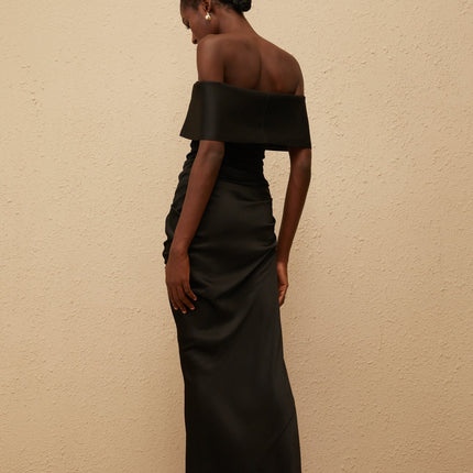 Malina Black Satin Off-the-Shoulder Maxi Dress with Side Slit and Fitted Waistline