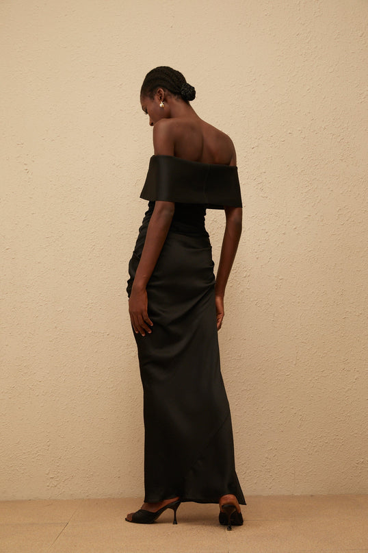 Malina Black Satin Off-the-Shoulder Maxi Dress with Side Slit and Fitted Waistline