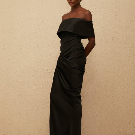 Malina Black Satin Off-the-Shoulder Maxi Dress with Side Slit and Gathered Detailing