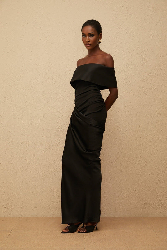 Malina Black Satin Off-the-Shoulder Maxi Dress with Side Slit and Gathered Detailing