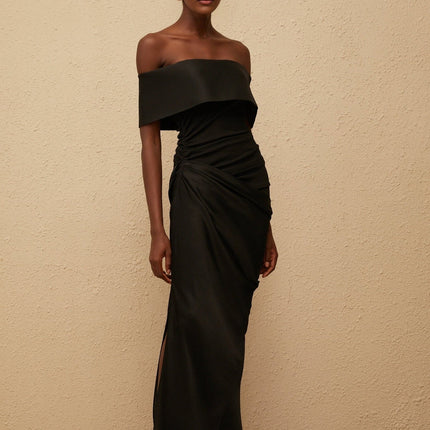 Malina Black Satin Off-the-Shoulder Maxi Dress with Side Slit and Gathered Detailing