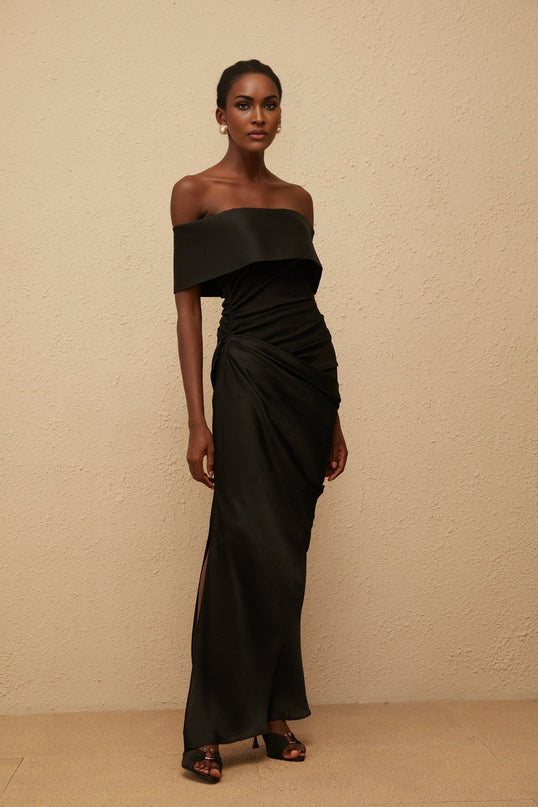 Malina Black Satin Off-the-Shoulder Maxi Dress with Side Slit and Gathered Detailing