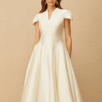 Malina Midi Dress Cream White V-neck Cap Sleeves Fitted Waistline Godet Design Rear Zip Fastening Midi Length Terylene Fiber