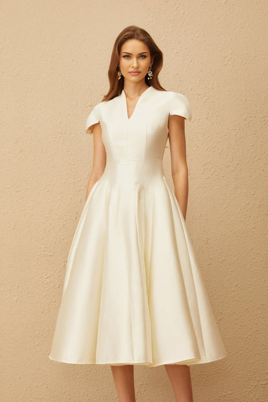 Malina Midi Dress Cream White V-neck Cap Sleeves Fitted Waistline Godet Design Rear Zip Fastening Midi Length Terylene Fiber