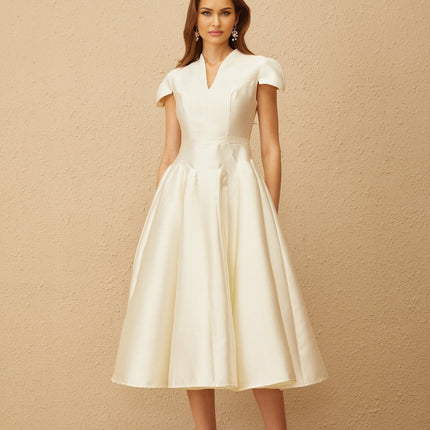 Malina Midi Dress Cream White V-neck Cap Sleeves Fitted Waistline Godet Design Rear Zip Fastening Midi Length Terylene Fiber