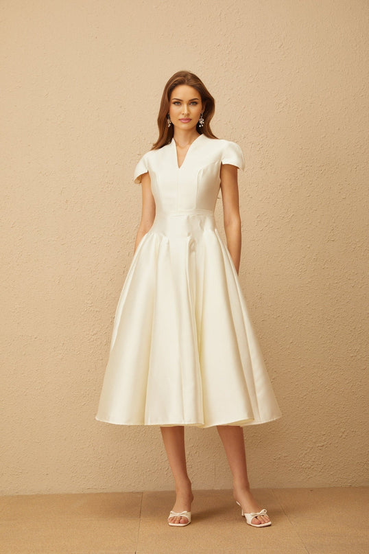 Malina Midi Dress Cream White V-neck Cap Sleeves Fitted Waistline Godet Design Rear Zip Fastening Midi Length Terylene Fiber