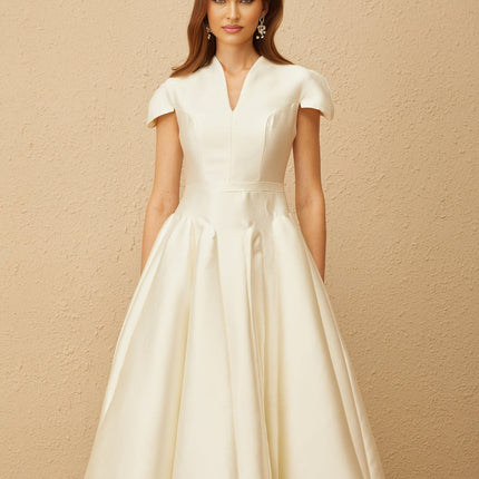 Malina Midi Dress in Cream White V-neck Cap Sleeves Fitted Waistline Godet Design Rear Zip Fastening Midi Length Terylene Fiber