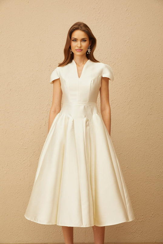 Malina Midi Dress in Cream White V-neck Cap Sleeves Fitted Waistline Godet Design Rear Zip Fastening Midi Length Terylene Fiber
