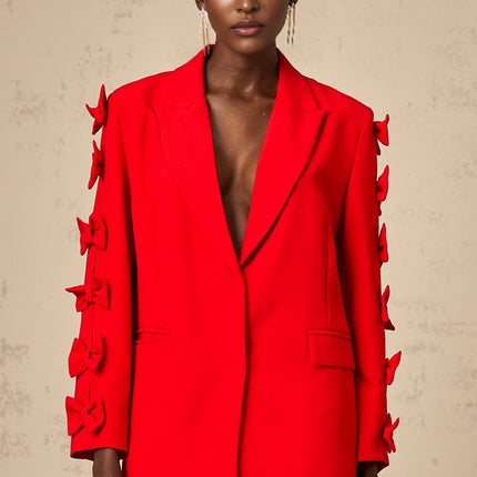Malina Red Blazer with Peak Lapels and Bow Embellishment