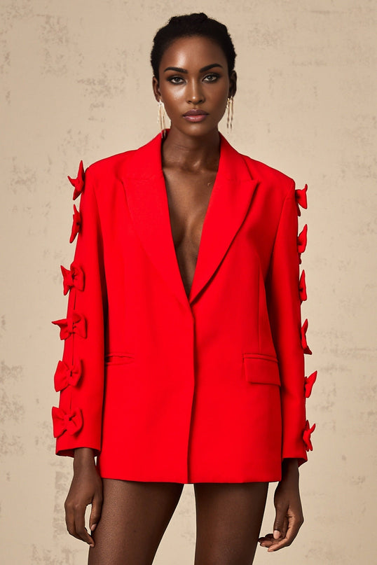 Malina Red Blazer with Peak Lapels and Bow Embellishment