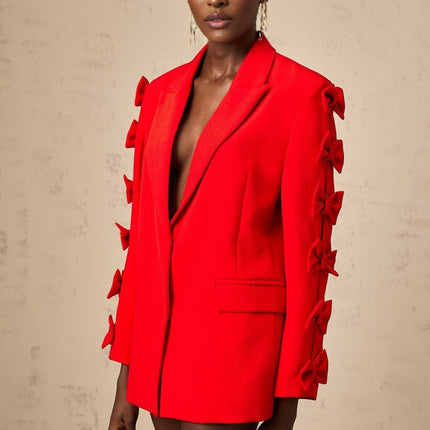 Malina Red Blazer with Peak Lapels and Bow Embellishment