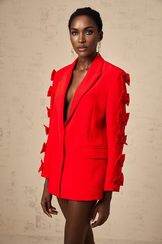 Malina Red Blazer with Peak Lapels and Bow Embellishment