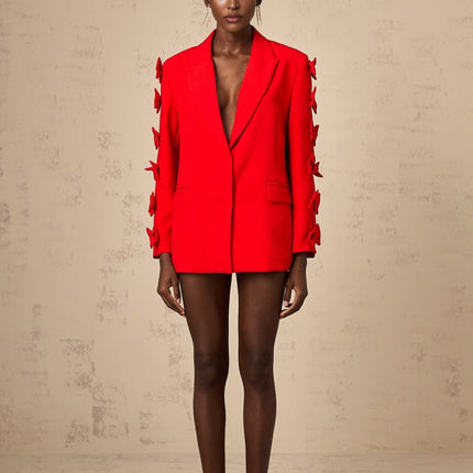 Malina Red Peak Lapel Bow Embellishment Cut-Out Blazer Loose Fit Long Sleeves Front Flap Pockets Press-Stud Fastening Nylon Cotton