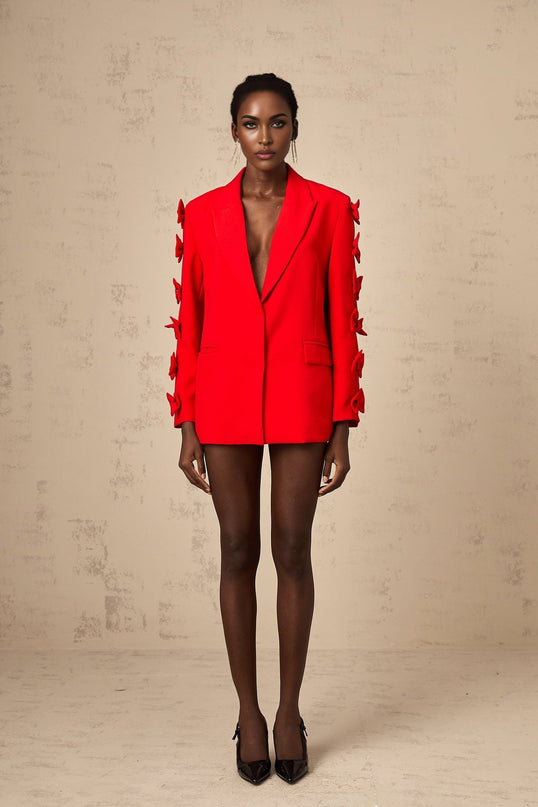 Malina Red Peak Lapel Bow Embellishment Cut-Out Blazer Loose Fit Long Sleeves Front Flap Pockets Press-Stud Fastening Nylon Cotton