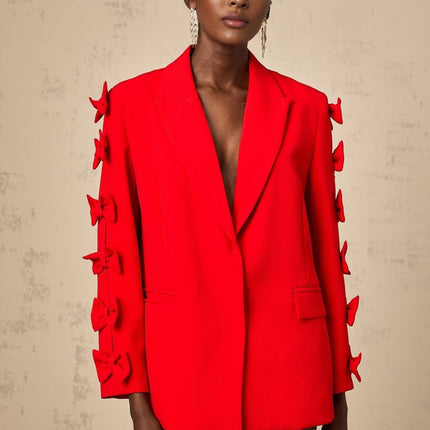Malina Red Blazer with Peak Lapels and Bow Embellishment