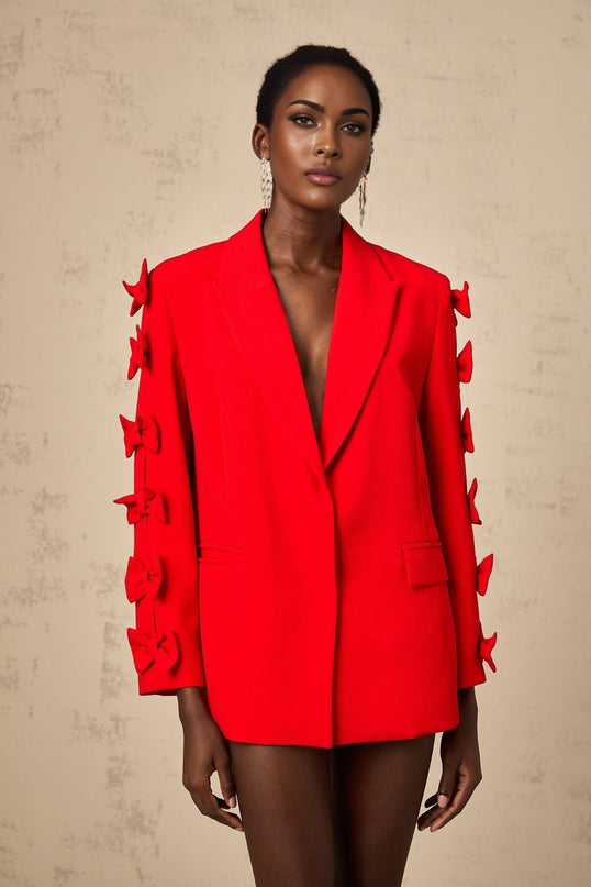Malina Red Blazer with Peak Lapels and Bow Embellishment