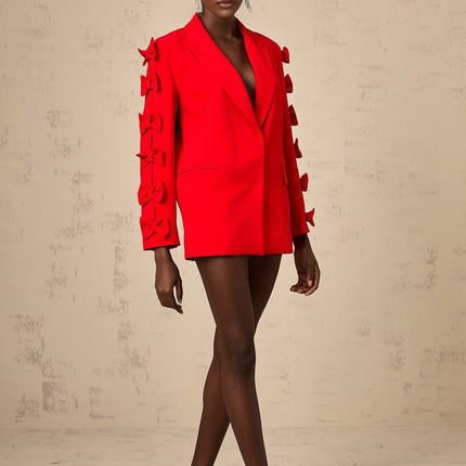 Malina Red Blazer with Peak Lapels and Bow Embellishment