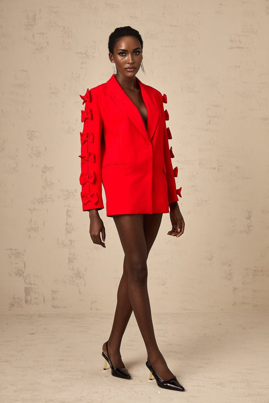 Malina Red Blazer with Peak Lapels and Bow Embellishment