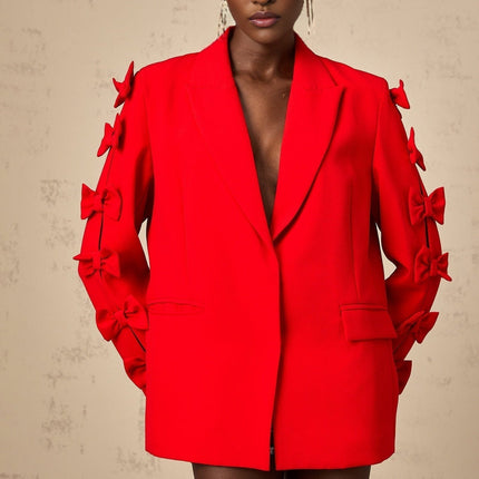 Malina Red Blazer with Peak Lapels and Bow Embellishment