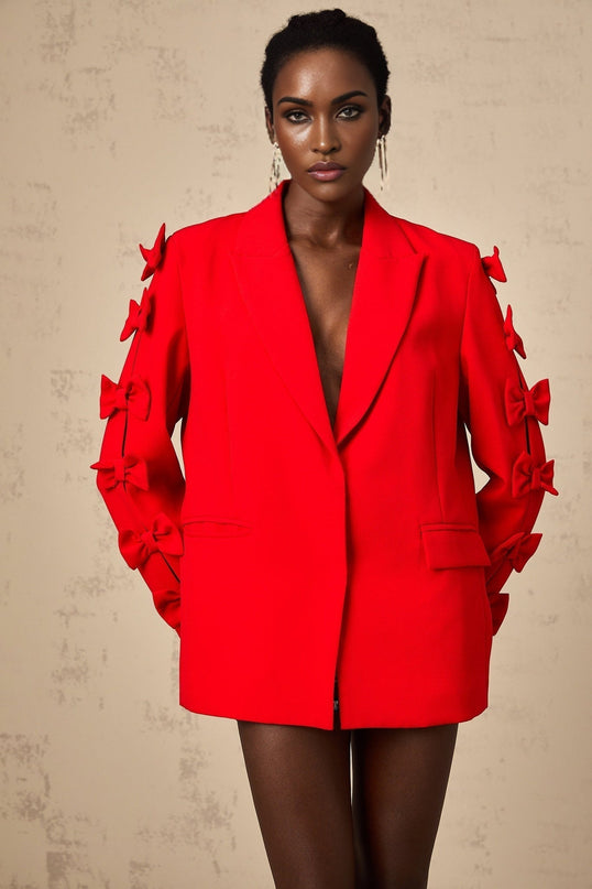 Malina Red Blazer with Peak Lapels and Bow Embellishment