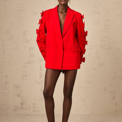 Malina Red Blazer with Peak Lapels and Bow Embellishment